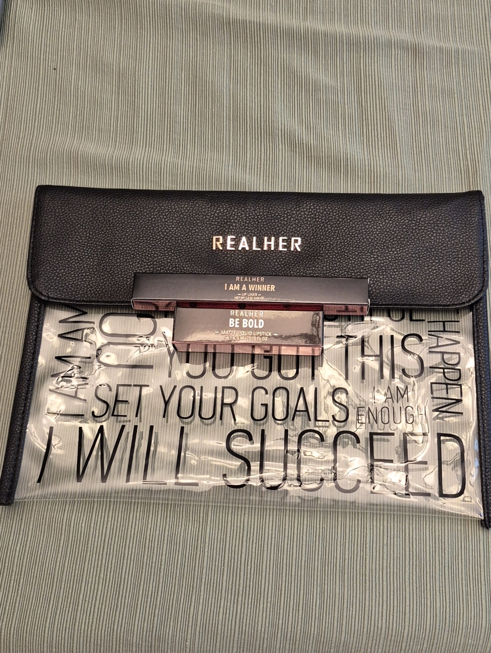 REALHER Clear Makeup Pouch with Motivational Print - Lip Liner & Lipstick Bundle